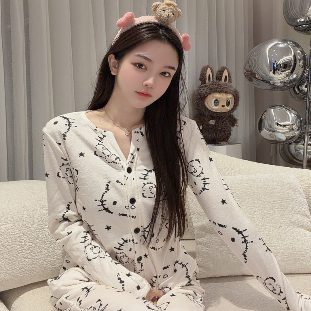 2025新款奶系Kitty海岛绒睡衣女秋冬季加绒保暖超柔软家居服