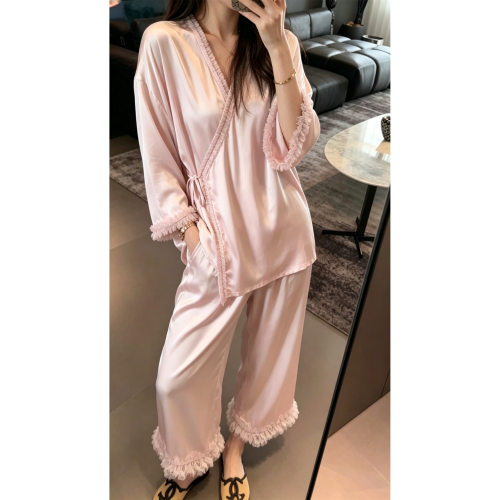 夏季女冰丝缎面凉感睡衣套装