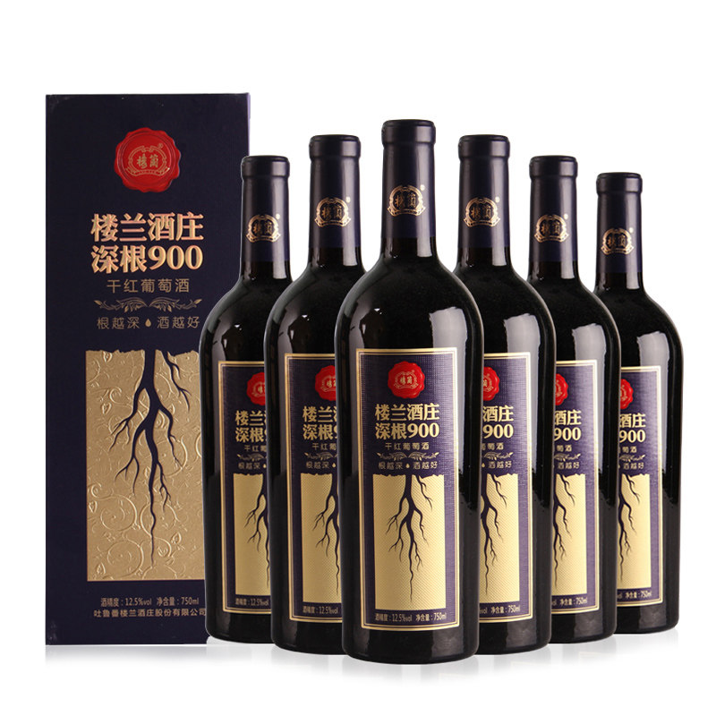 楼兰酒庄深根900干红葡萄酒新疆国产红酒750ml*6瓶整箱礼盒装正品