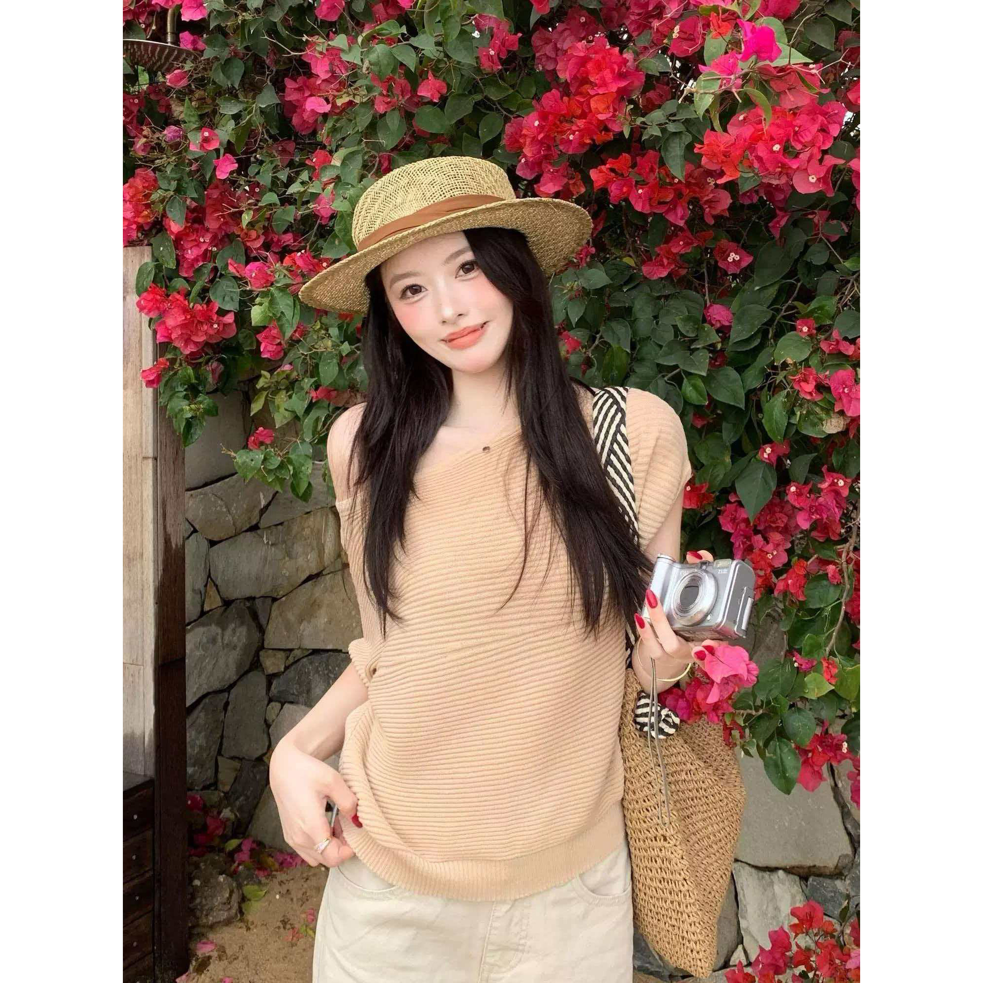 CHUN毫不费力美～26年夏新款 斜领蝙蝠袖两穿显瘦针织小衫
