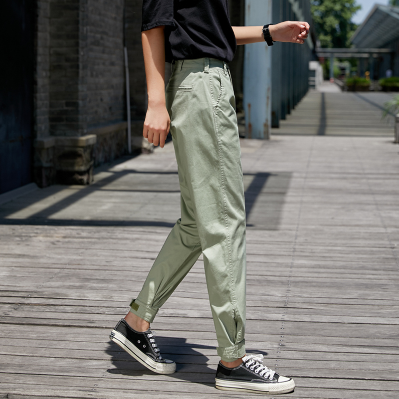 浅军绿色裤子女夏季薄款大码工装裤女小H个子胖mm束脚运动休闲九