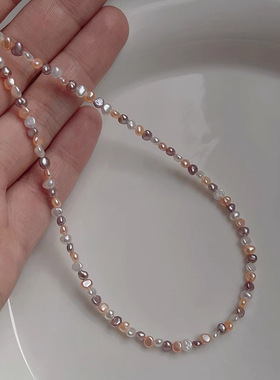 彩色巴洛克天然淡水珍珠项链配饰女高级感锁骨链轻奢小众颈链饰品