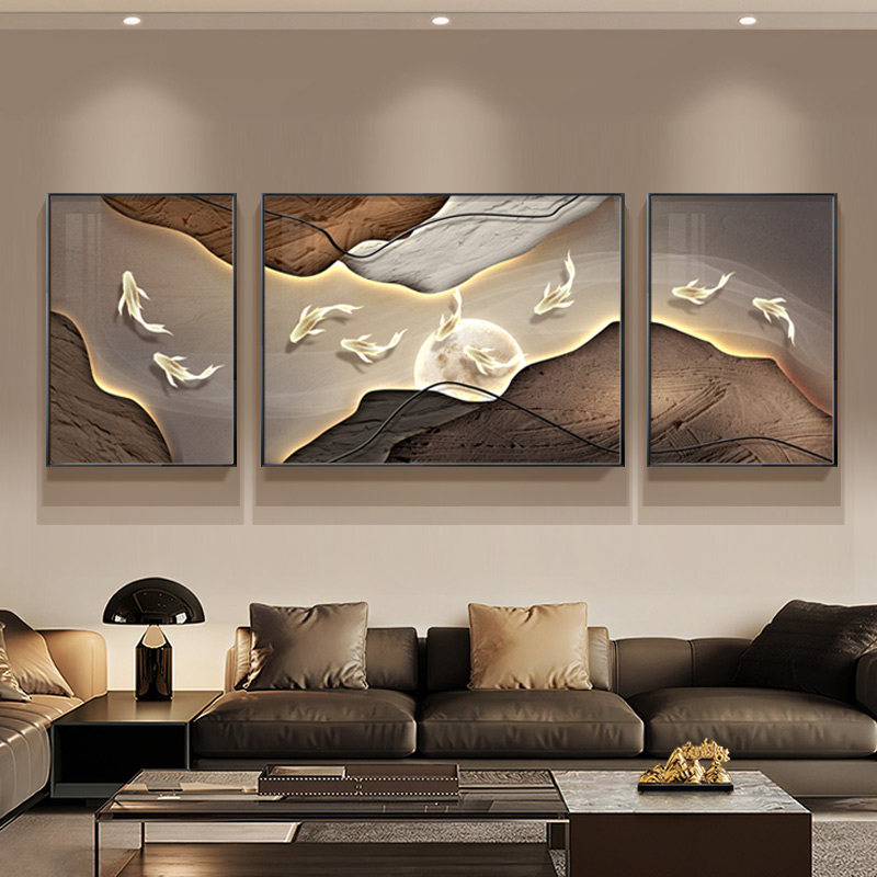 现代轻奢九鱼客厅装饰画侘寂风沙发背景墙挂画简约高级感三联壁画