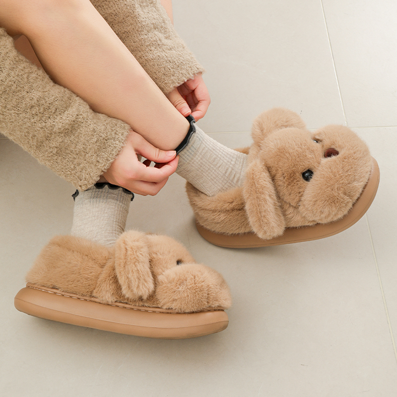 纯色保暖包跟棉鞋可爱卡通小狗狗毛毛绒加厚家居冬季新款大童女士