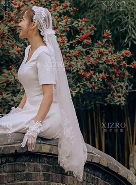 新款民国风包头复古新娘结婚主婚纱头纱蕾丝花边帽式头Z饰白色森