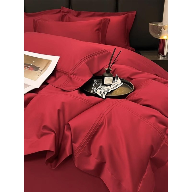 高档简约纯d棉结婚四件套大红色被套全棉床单婚庆床上用品婚房新