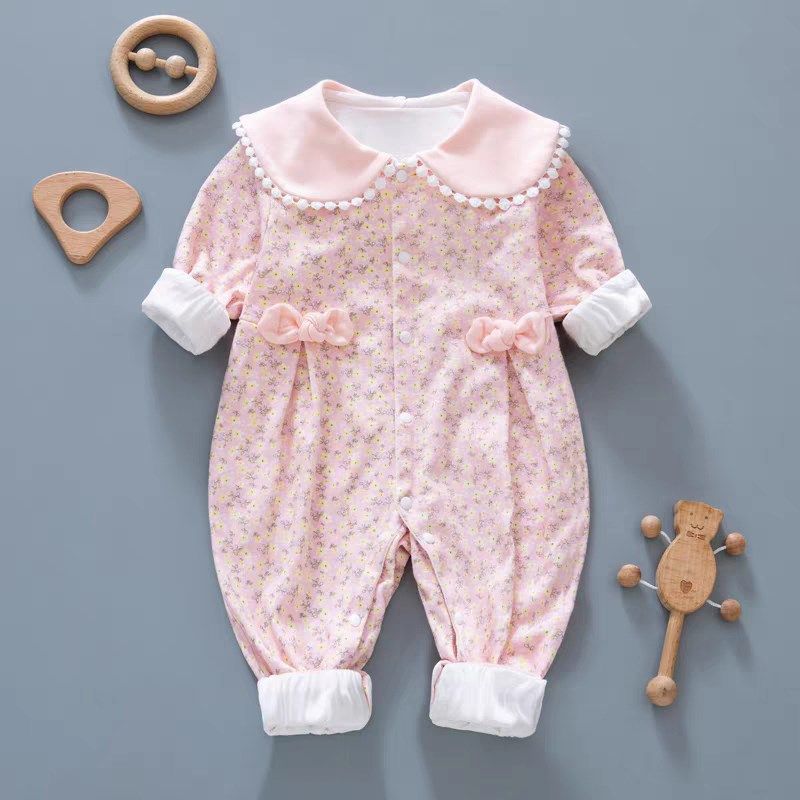 春秋婴儿双层纯棉连体衣01岁女宝宝秋装公主外出哈衣保暖爬服两层