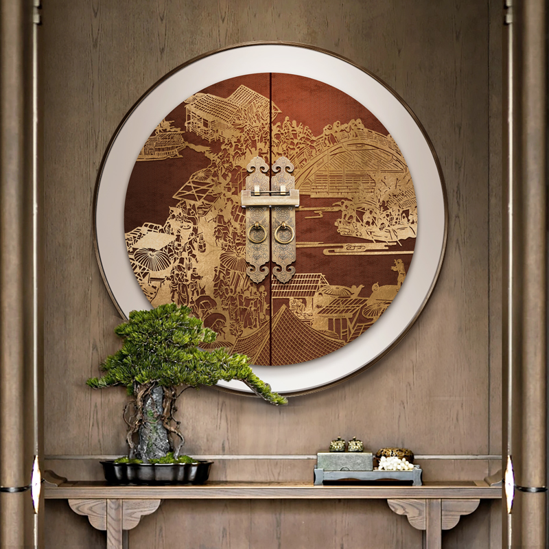 新中式玄关圆形装饰画p客厅餐厅背景墙立体画民宿酒店浮雕肌理挂图片