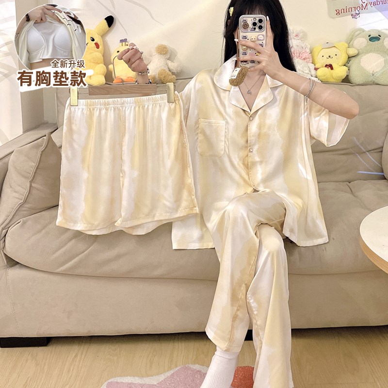 三件套睡b衣女夏季短袖带胸垫一体式卡通甜美冰丝学生短袖长裤薄图片