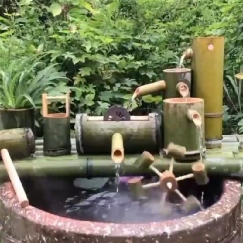 竹子流水器陶瓷摆件鱼v缸石槽循环流水V增氧加湿过滤