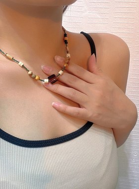 新中式复古方糖串珠项链女简约小众设计轻奢高级感锁骨链国潮项饰