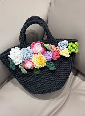 钩针春日花d花小清新草编包女夏百搭手提菜篮子海边度假沙滩水桶