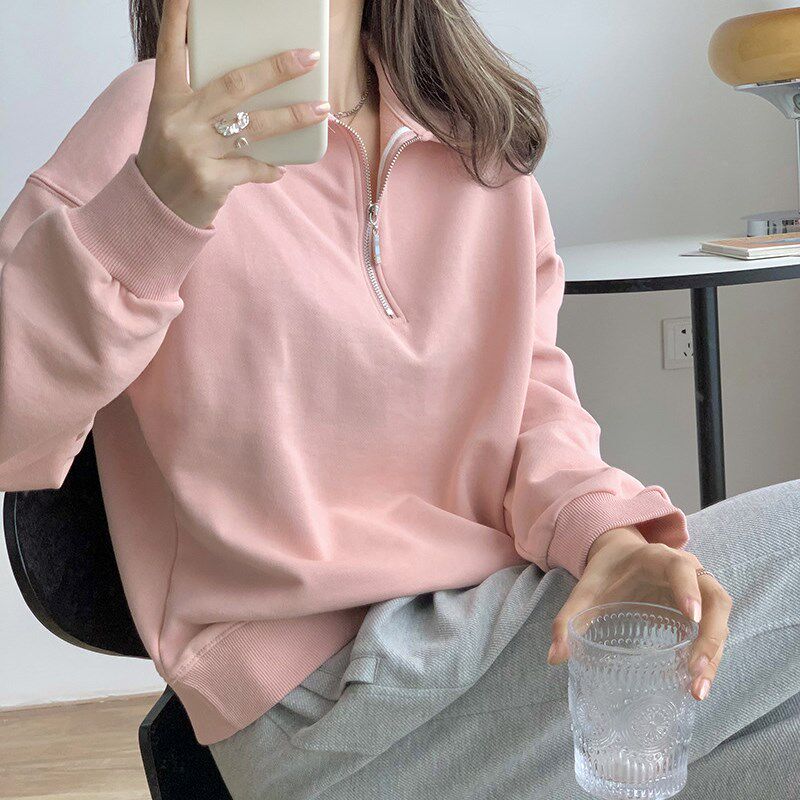 2025春款纯棉外出哺乳卫衣翻领半开拉链喂奶上衣小清新纯色上衣女