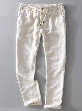 纯亚麻休闲长裤男白色沙滩松紧腰直筒收腿薄款大码小脚棉麻布裤子