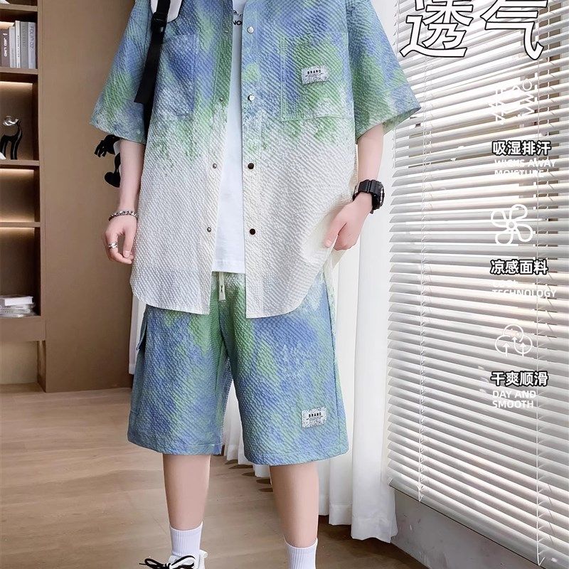 冰丝清凉衬衫男士休闲套装夏季青少年高中初中生宽松短袖短裤两件