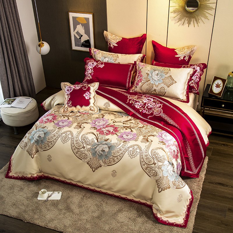 欧式婚庆结婚四件套高级感宫廷风刺绣被套红色喜庆多件套床上用品