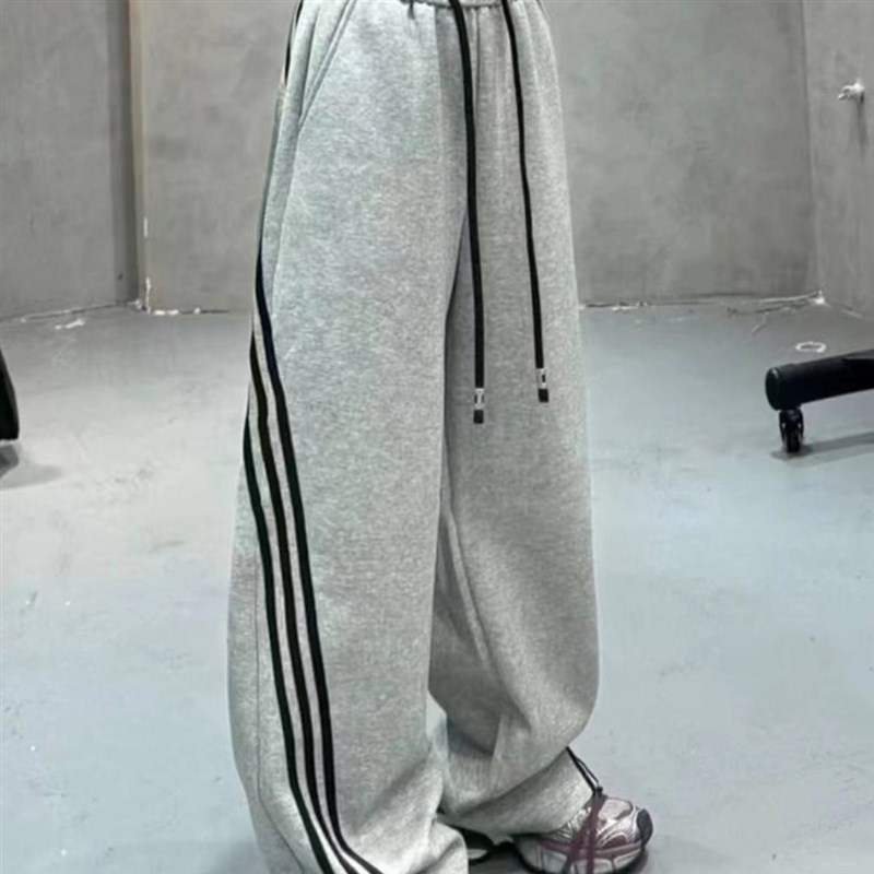 系带新款侧边条纹薄款长裤女春秋季松紧显瘦直筒运动休闲阔腿裤子