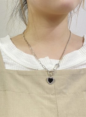 黑色爱心拼接别针项链女纯银夏季2022年新款轻奢小众潮网红锁骨链
