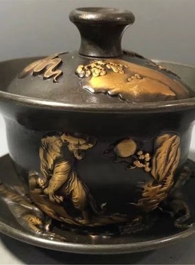 纯铜鎏金浮雕虎虎生威盖碗摆件功夫茶杯三件一套五福茶杯家居饰品