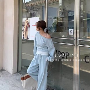 韓國(guó)新款 設(shè)計(jì)感拼接蕾絲斜肩衛(wèi)衣吊帶休閑闊腿長(zhǎng)褲 三件套裝 女 時(shí)尚