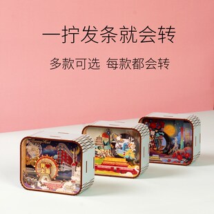 重庆哈尔滨城市上链发音乐盒木质发条儿童迷你小八音盒可旋转女孩