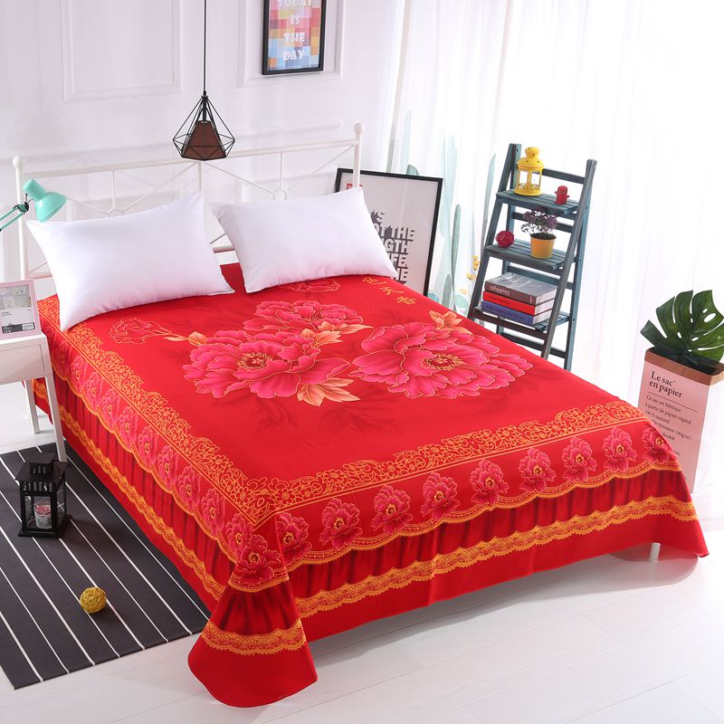 大红色床单单件加厚磨毛双人加大床单结婚红单子粉色大版花可爱