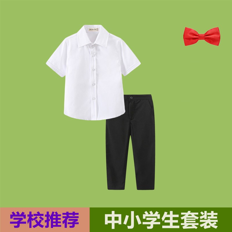 男童短袖白衬衫套装夏季薄款儿童白衬衣黑长裤子小学生表演服校服