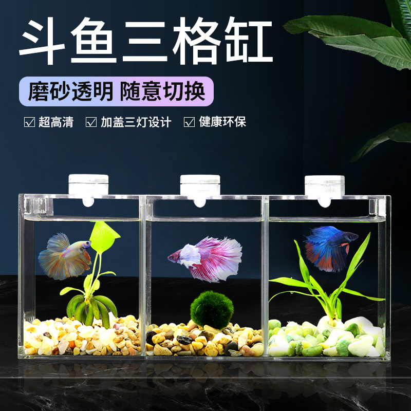 亚克力鱼缸长方形盖板隔离板小型生态斗鱼双格缸专用超透迷你带灯