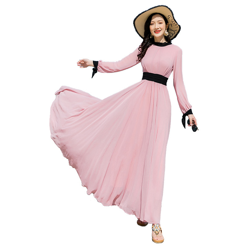 早秋雪纺长裙大摆海边度假连衣裙长款女夏长袖沙滩裙2021新款高端