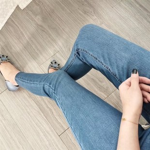 蓝色磨白水洗高腰显瘦小脚铅笔裤 2021秋冬新款 女软棉弹力牛仔裤
