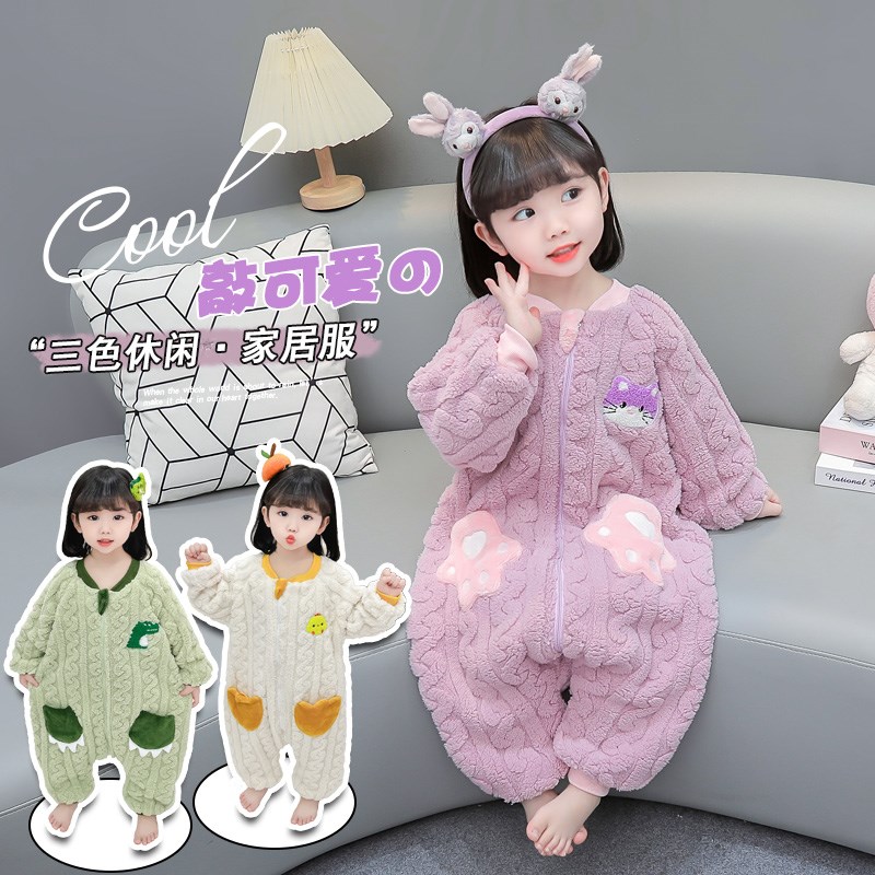 儿童冬季法兰绒连体衣卡通时尚男女宝宝保暖加厚毛绒睡袋家居爬服