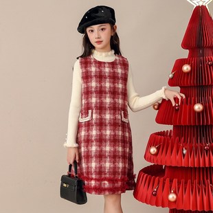 衣服 套装 儿童裙子女童连衣裙秋冬洋气红色冬装 大童小女孩新年冬季