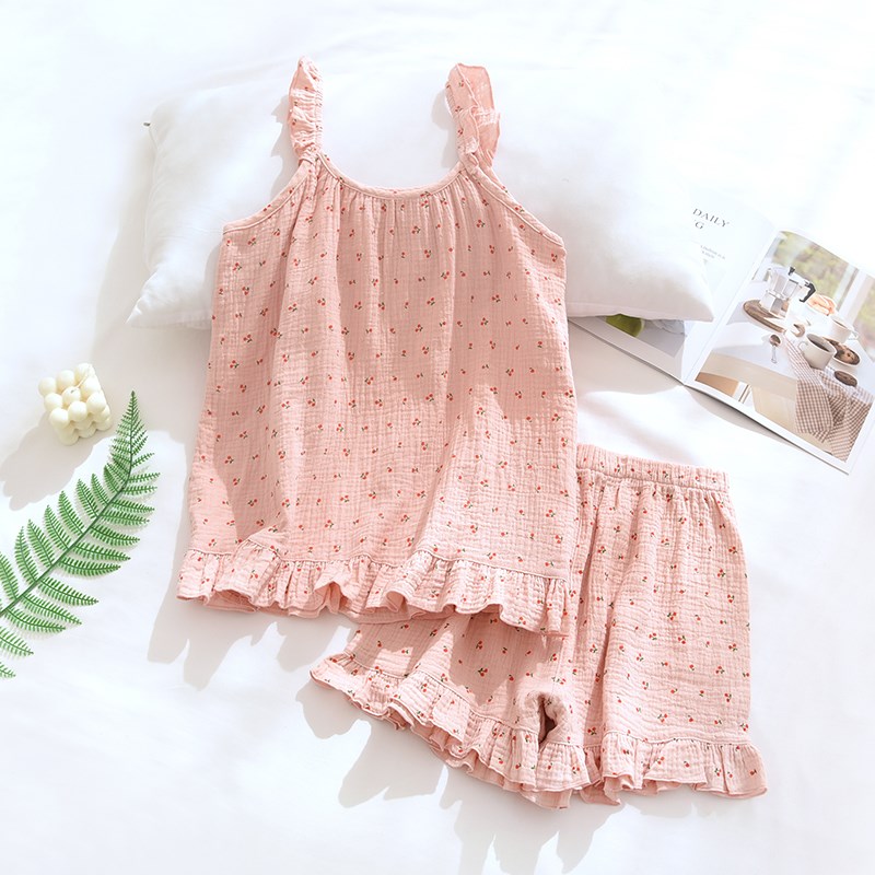 夏季薄纯棉纱布泡泡棉纱爱心小樱桃全棉吊带短裤家居服睡衣套装女