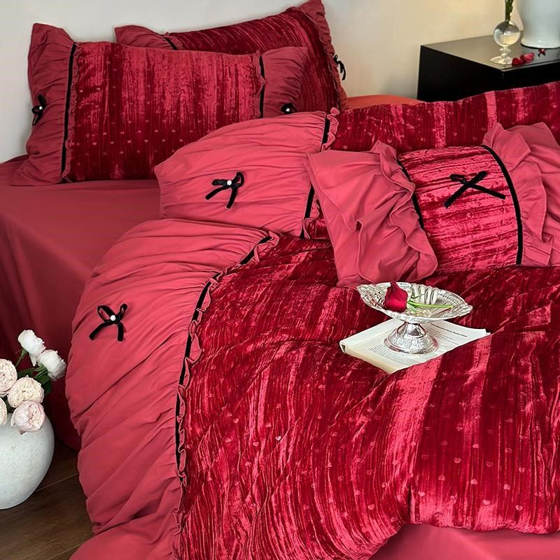 法式纯棉复古结婚庆爱心四件套高端被套长绒棉酒红公主风陪嫁床品
