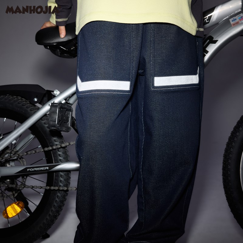 漫画家潮酷童装24冬新款 上学户外骑行反光活性男童女童牛仔长裤