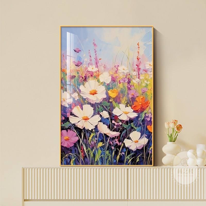 奶油风抽象花卉客厅装饰画多巴胺彩色艺术沙发背景墙挂画竖版壁画图片