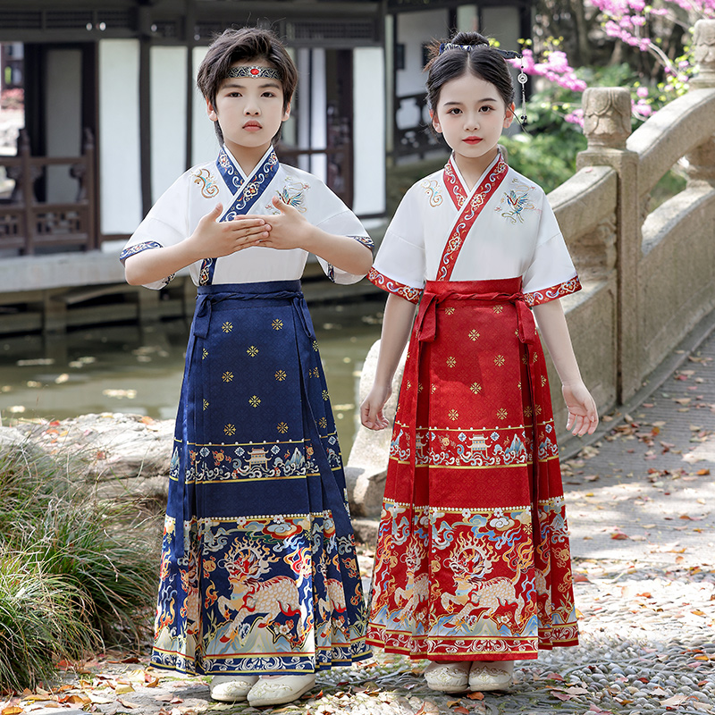 儿童马面裙短袖套装2024年新款汉服男童演出服女童国学表演服夏季