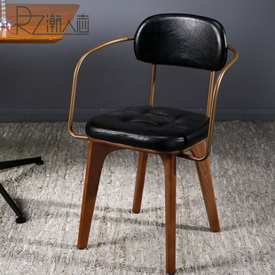 北欧实木腿软包餐椅家用皮质餐桌椅子美式乡村铁艺圈椅休闲咖啡椅