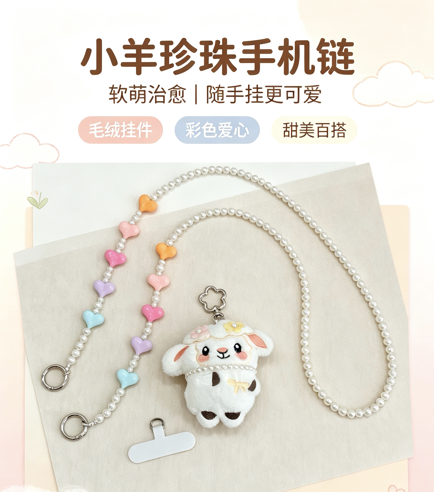 可爱小羊挂件带仿珍珠斜背手机挂绳手机链时尚百搭