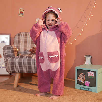 儿童卡通动物恐龙连体睡衣女孩秋冬加厚加绒男孩宝宝法兰绒家居服