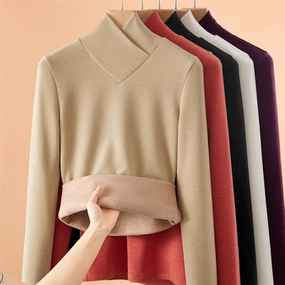 高级感可外穿打底衫秋冬德绒交叉v领保暖内搭加绒加厚洋气上衣女