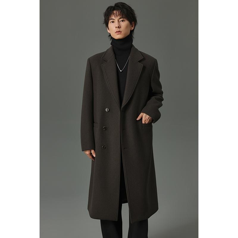 w2x秋冬季加厚平驳领垫肩一字袋装饰长款羊毛呢大衣男中长款外套
