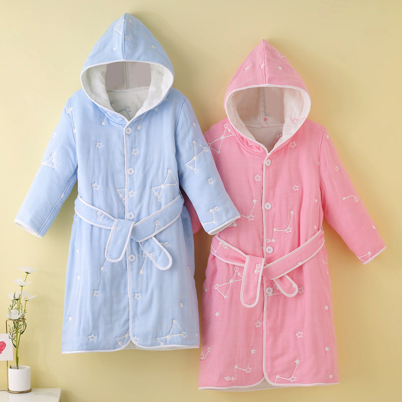 儿童睡袍冬季加厚款男童男孩女孩纯棉纱布浴袍吸水毛巾料浴衣保暖