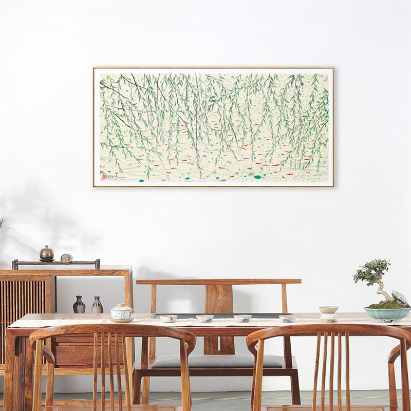 吴冠中新中式装饰画 客厅背景墙壁画 卧室床头画 茶室挂画柳树鱼图片