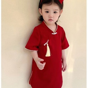 2024新款女童春夏款连衣裙国风汉服套装红色洋气长袖旗袍周岁礼服