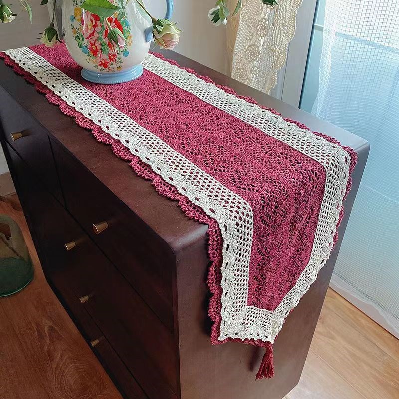 新品米绿钩针桌旗棉线镂空茶几布电视柜五斗柜盖巾鞋柜装饰餐桌布