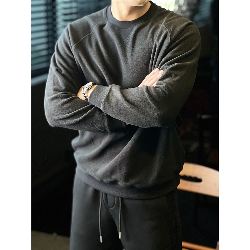 简素Design重磅双面摇粒绒插肩圆领卫衣男加绒宽松打底衫秋冬上衣