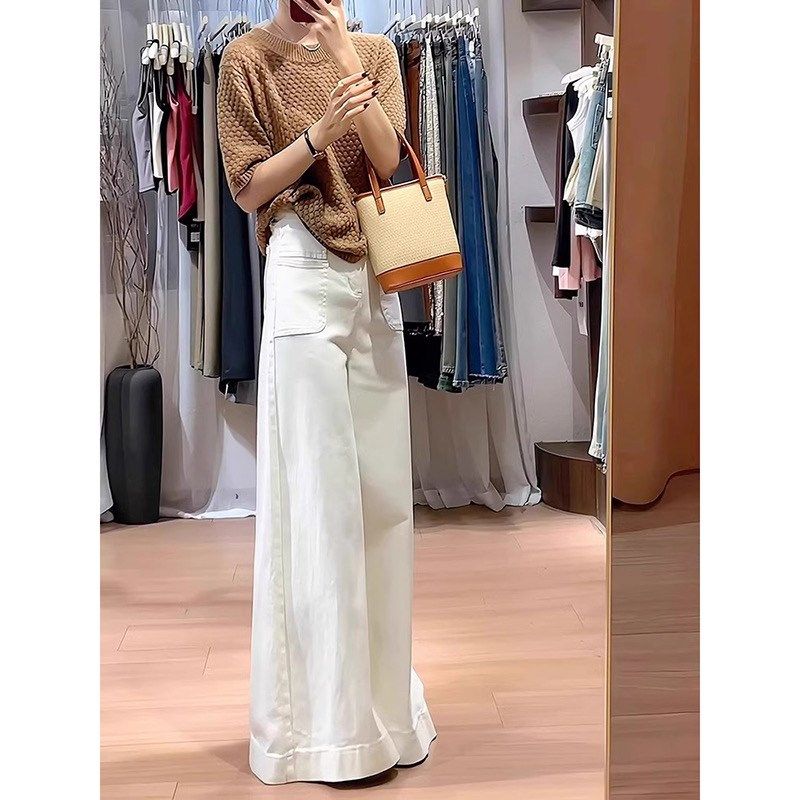 白色大裤脚阔腿牛仔裤女春秋新款高腰直筒宽松设计感不贴腿微喇裤