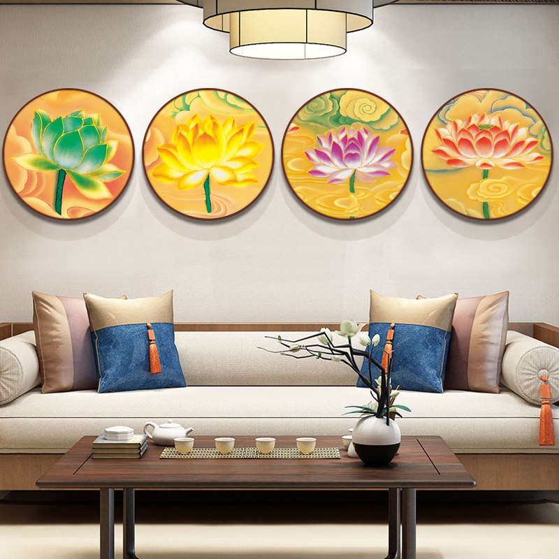 莲花挂画禅意荷花客厅装饰画新中式圆形实木饭店餐馆背景玄关壁画图片