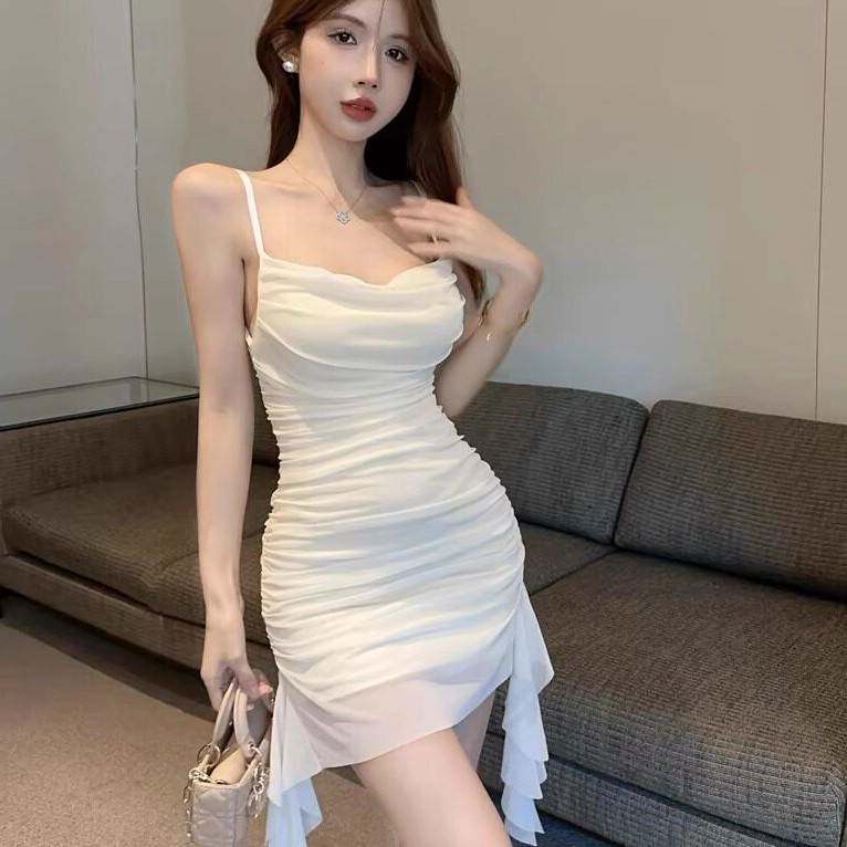不规则网纱垂折领吊带洋装女夏御姐风辣妹性感包臀裙白色抹胸裙子